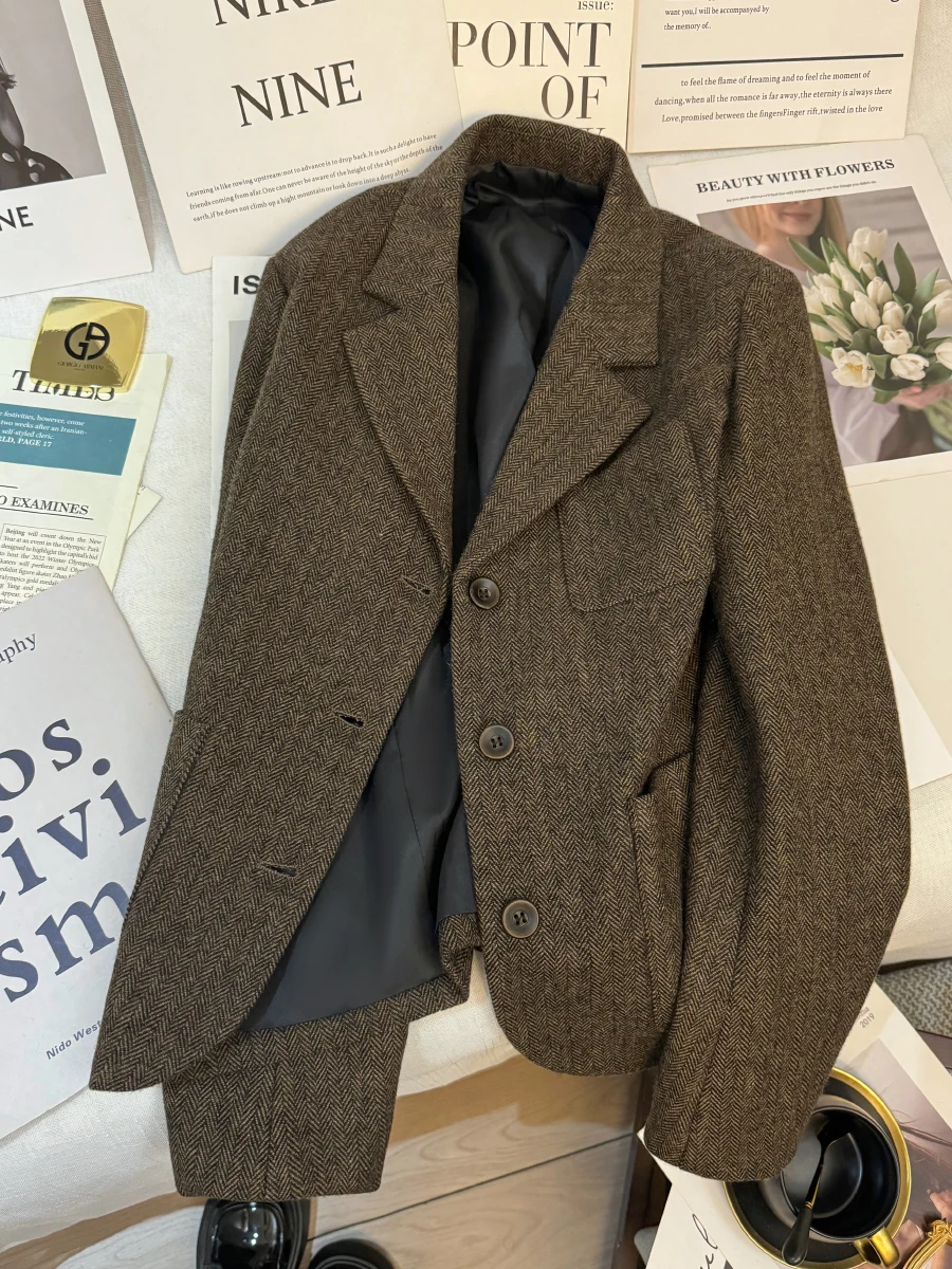 

Женский коричневый пиджак в стиле OL, винтажный повседневный костюм большого размера, пальто Y2k Harajuku, однобортная верхняя одежда с длинными рукавами, осень