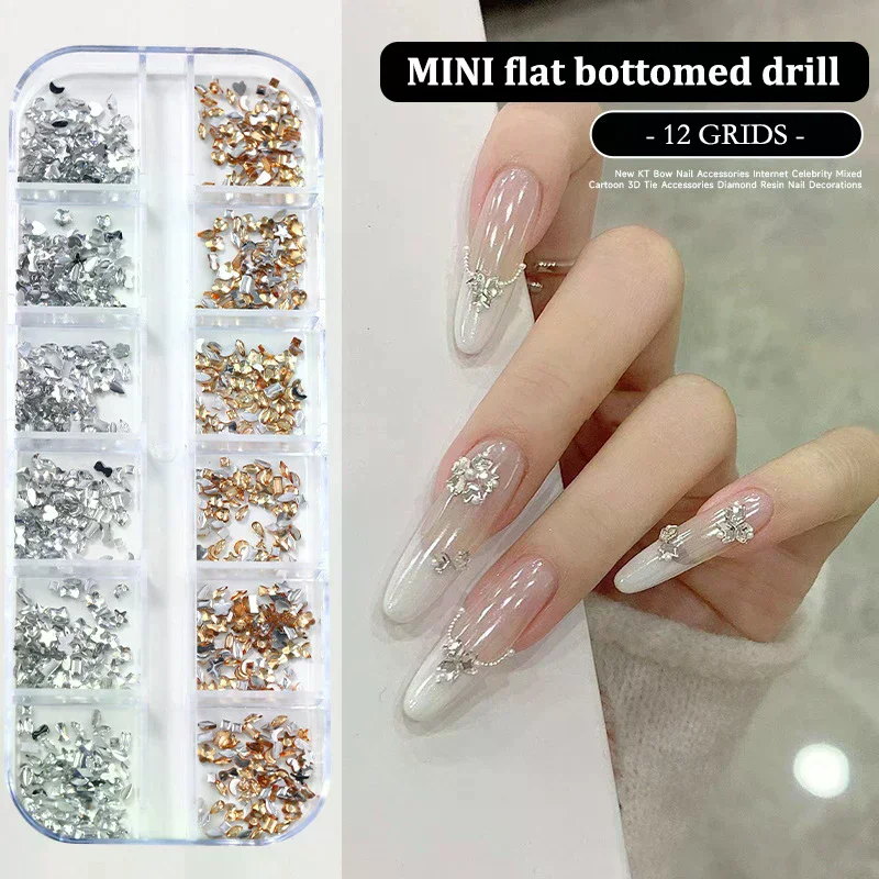 12 Grids/Box Nail Art Multi Shape Flat Back Crystal Rhinestone Dazzling Diamonds Strass Manicure Tip 3d Decoration