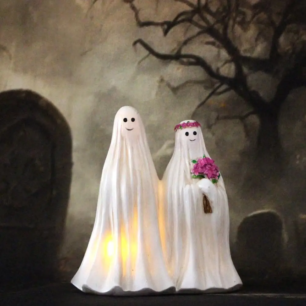 Ghost Bride Groom Lawn Ornament Spooky Halloween Glowing Ghost Bride Groom Statue Set for Indoor Outdoor Night Light Decorations