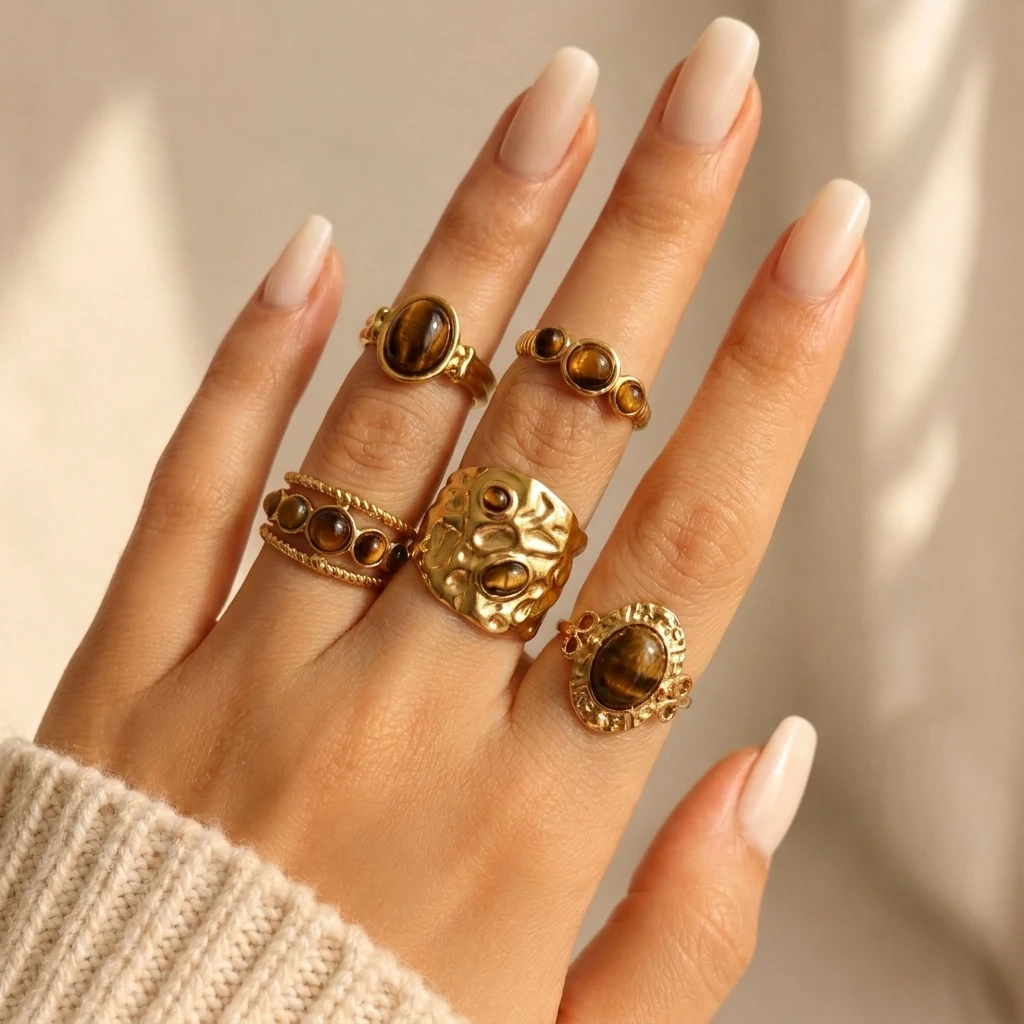 Stainless Steel Natural Tiger Eye Stone Rings For Women Vintage Hammered Wide Band Stackable Finger Ring Boho Party Jewelry Gift