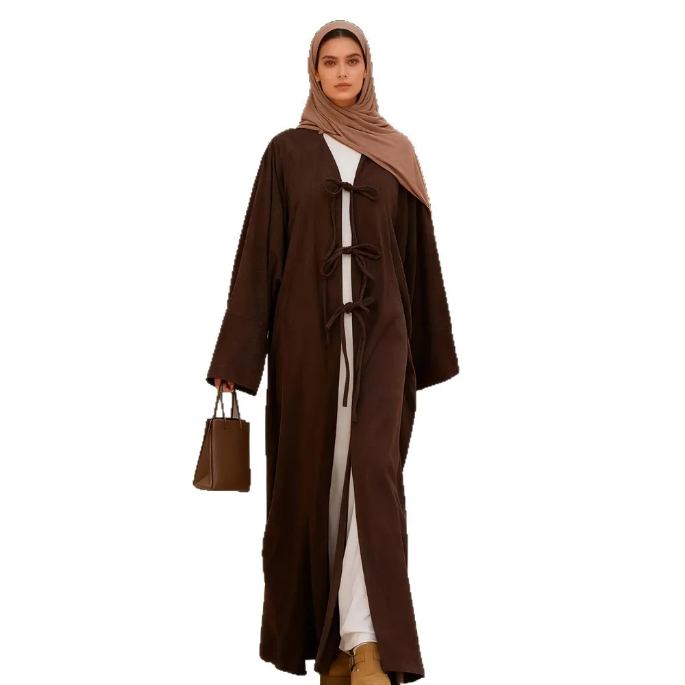 Eid Women Dresses Abayas Corduroy Cardigan Robe Lace Up Jalabiya Muslim Ramadan Morocco Dubai Kaftan Vestidos Autumn Winter 5