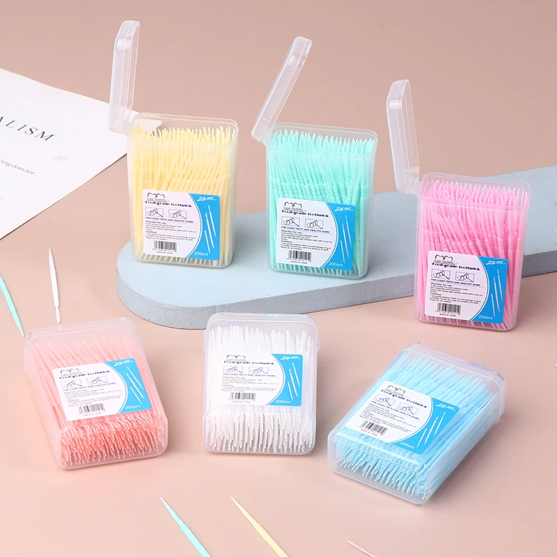 200 PCS Boxed Plastic Toothpicks Disposable Household Bulk Interdental Brush Toothpick Line