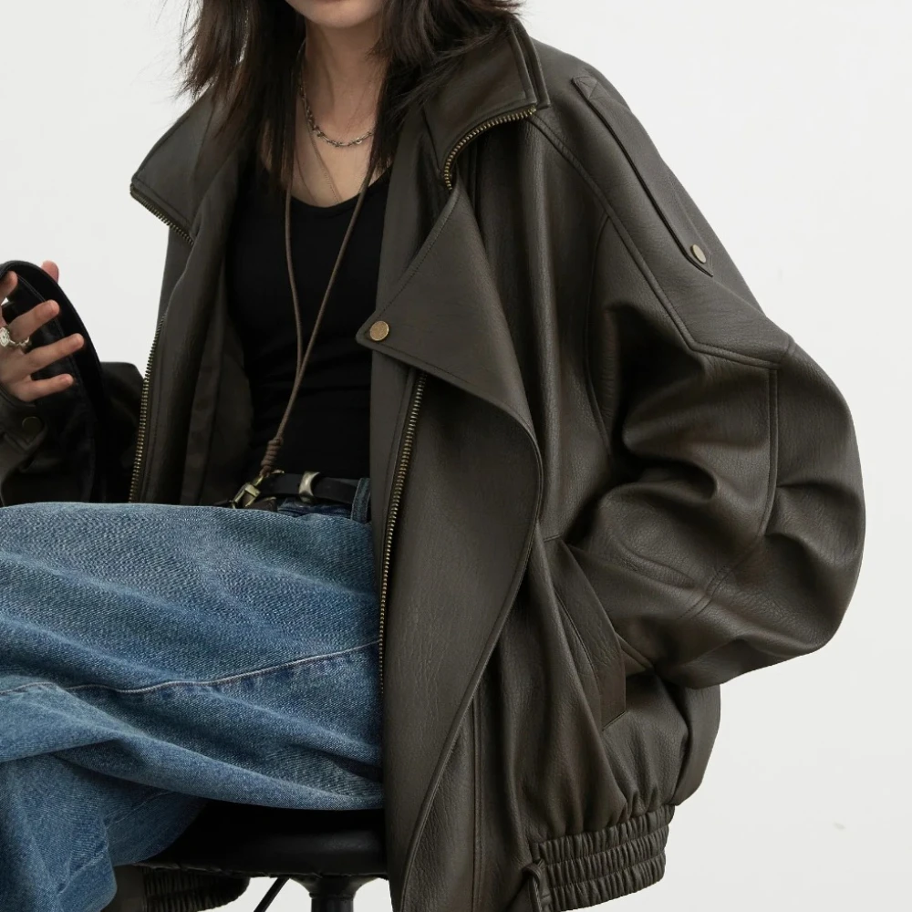 

Women's Leather Jacket PU Jacket Female Solid Loose New Retro Motorcycle Faux Leather Coat Female Top Spring Autumn Vintage