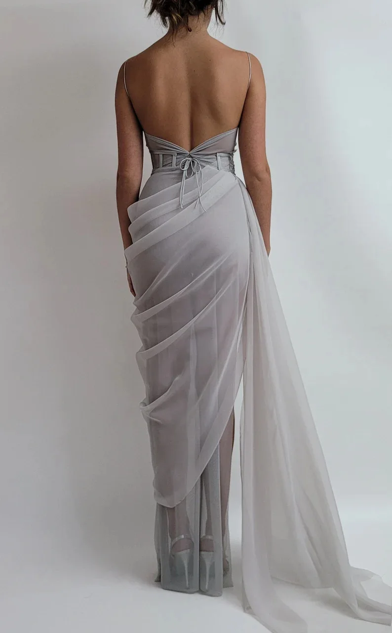 Blue Gray Tulle Sheath Prom Dresses Spaghetti Straps Bones See Through Side Slit Long Evening Gowns Fashion Party Dresses