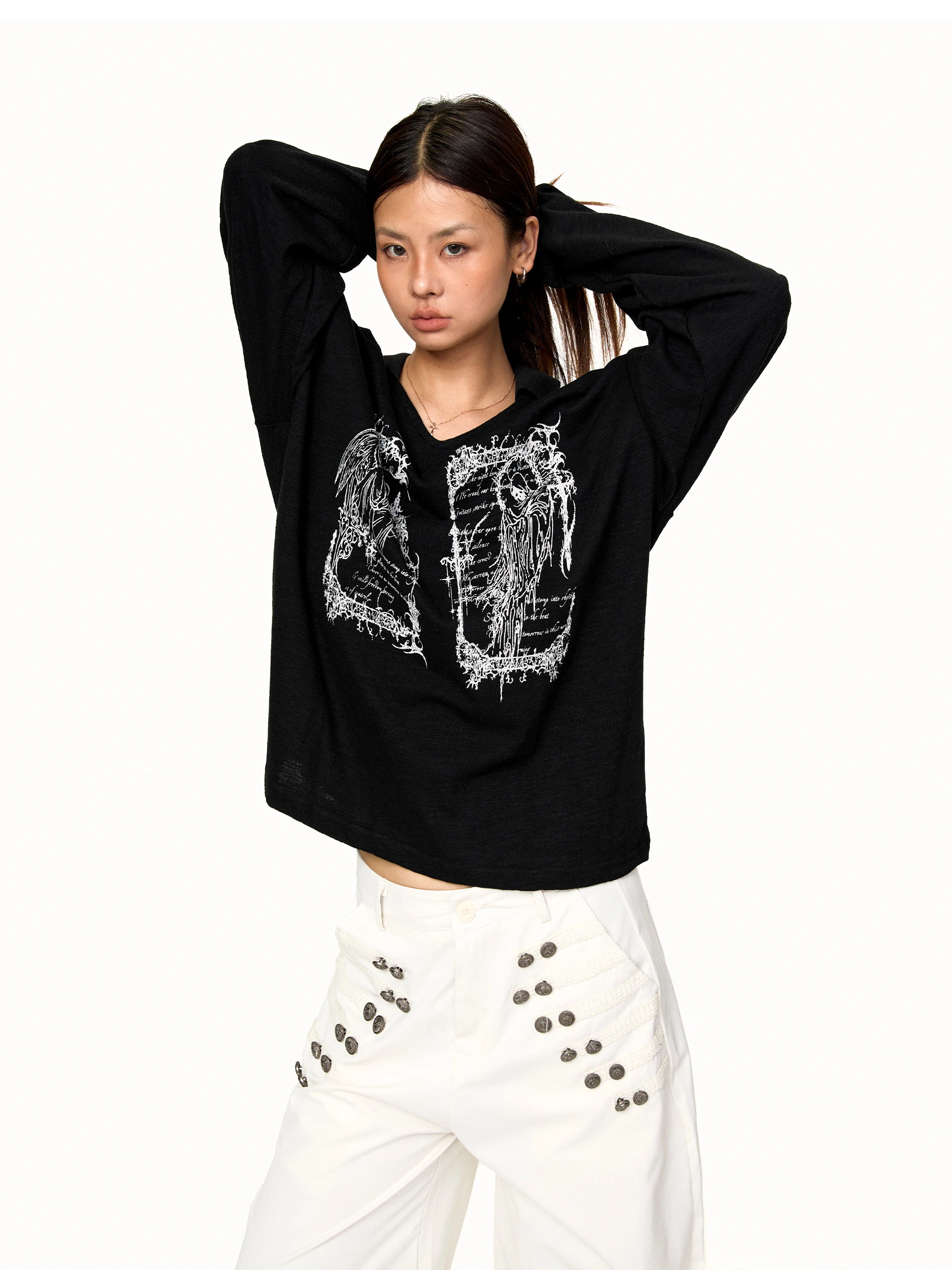 Black Death Angel Rune Print Knitted Long Sleeve T-Shirt Unisex Loose V-Neck  Top Cotton Polyester Blend Moisture Wicking