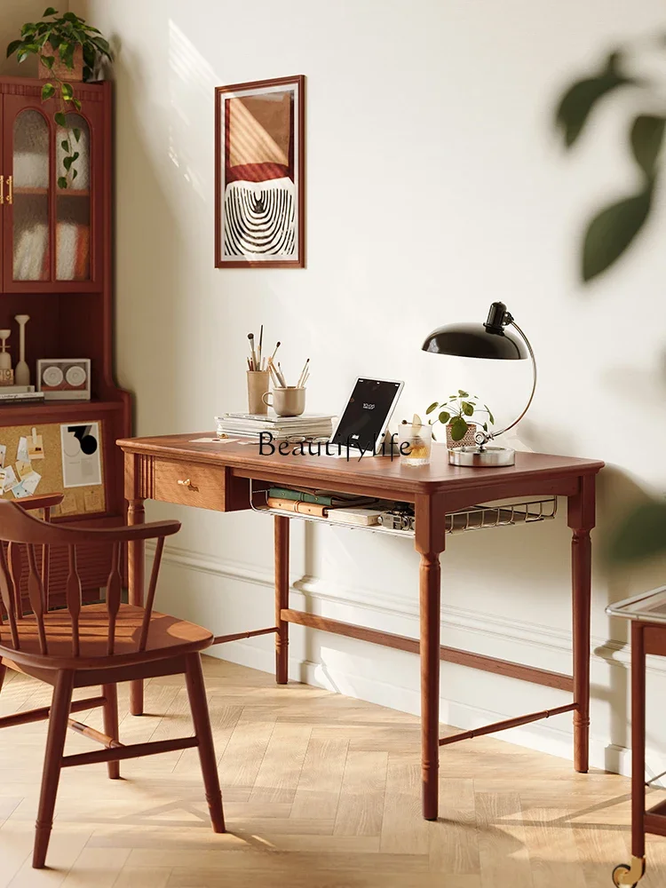 

yj5Study Desk Light Luxury Modern Household Cherrywood Solid Wood Furniture French Vintage Style