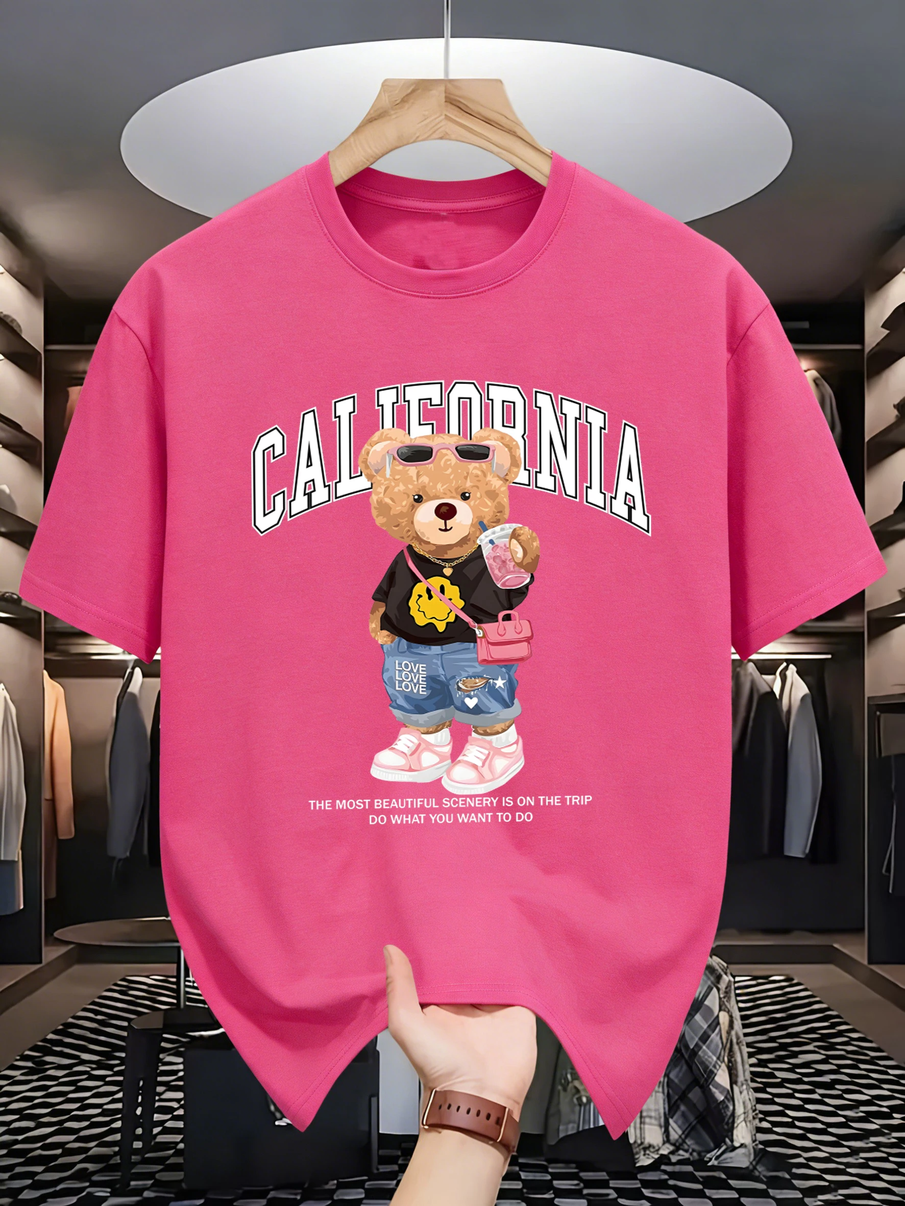 California Fashion Bear Pattern T-Shirts für Herren, Sommer-T-Shirt mit O-Ausschnitt, Baumwolle, All-Match, kurzärmelig, lockere, atmungsaktive Kleidung