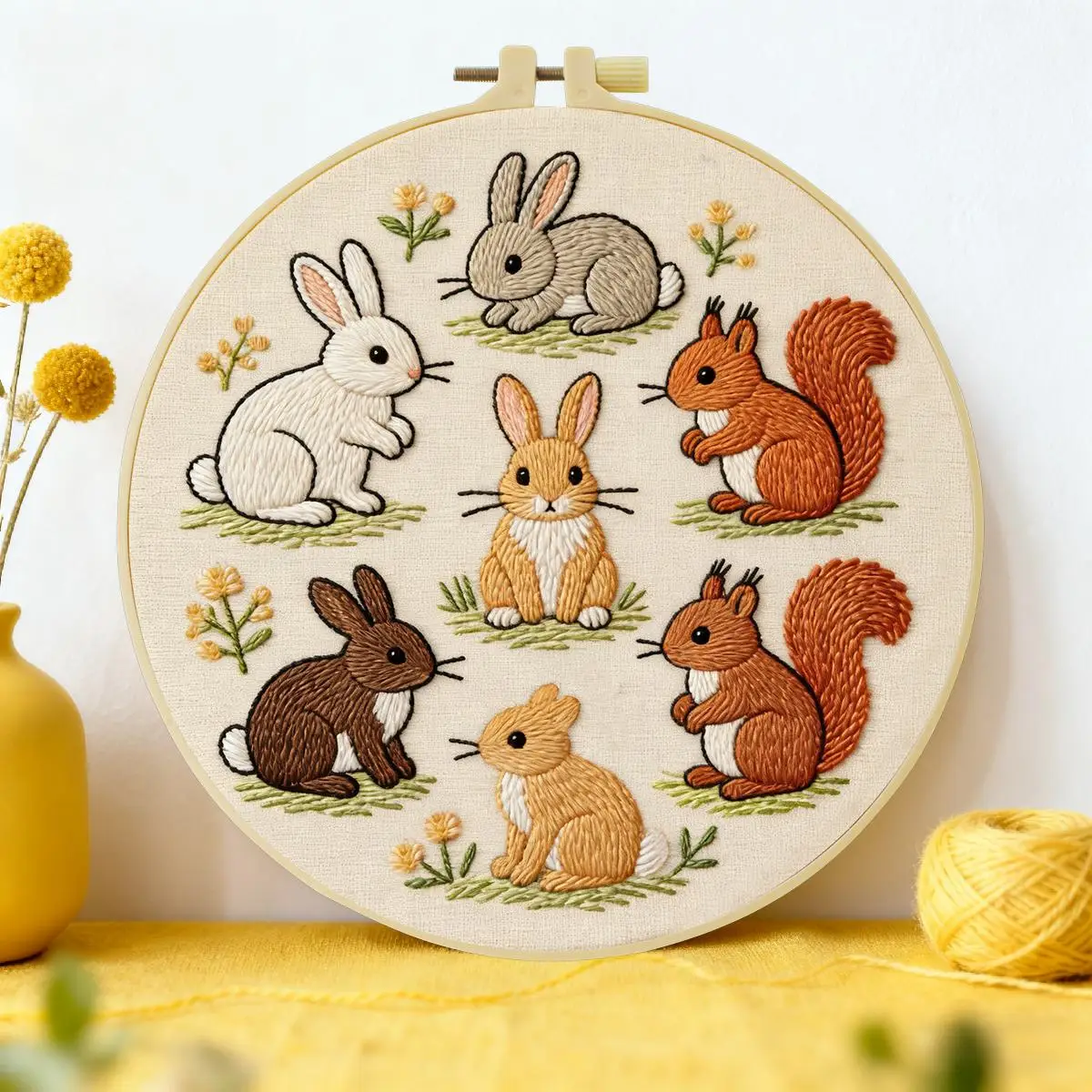 1 Stück 20X20CM/15X15CM 7,87/6,3 Zoll Stickerei-Starter-Kit mit Hasen und Eichhörnchen DIY-Kit DIY-Stickerei-Kit Handarbeiten Nähkunst – Detail 1