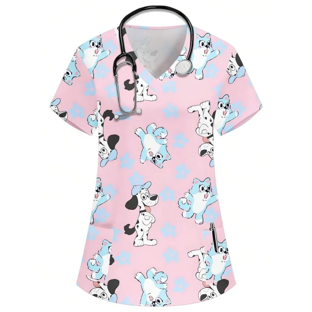 Vestido Clínico Feminino 2026 com Estampa de Desenho Animado, Decote em V, Manga Curta, Confortável e Moderno – Blusa Feminina para Enfermeiras e Cirurgias