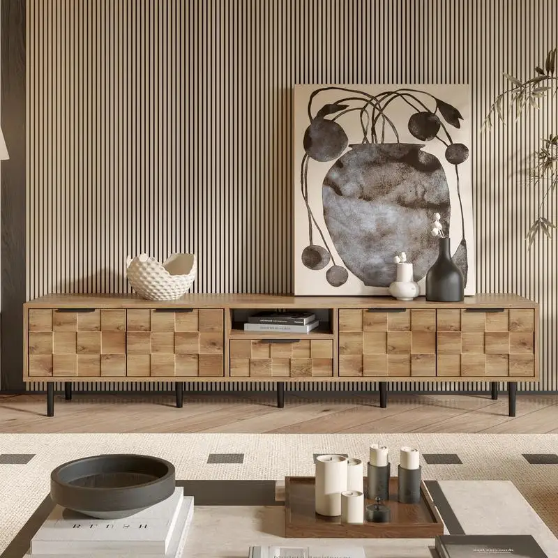 78인치 TV 스탠드 (85인치, 75인치, 65인치 TV용), 거실 엔터테인먼트 센터용 수납 공간이 있는 목재 미디어 콘솔