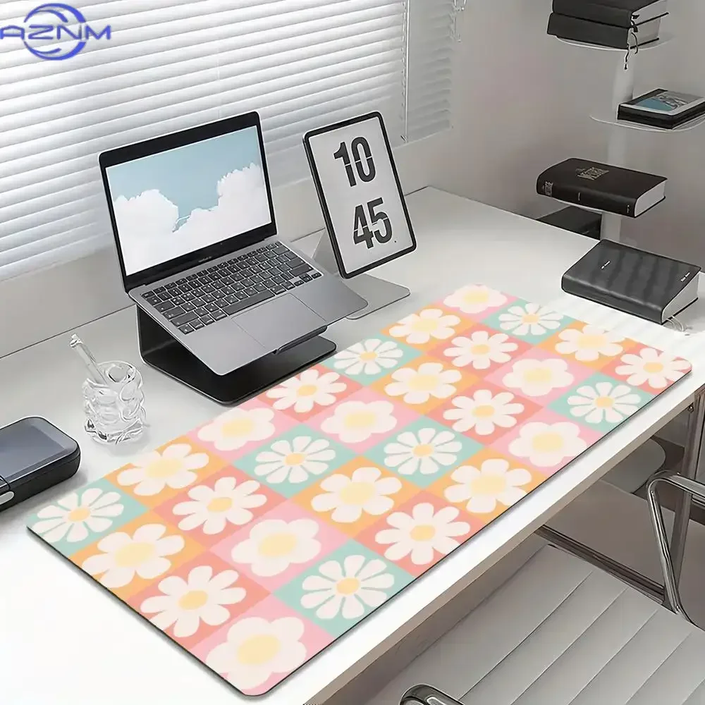 Pastel Checker Daisy Large Extended Gaming Mouse Pad Non Slip Desk Surface Cute Floral Grid Print For Gaming And Office Desktop