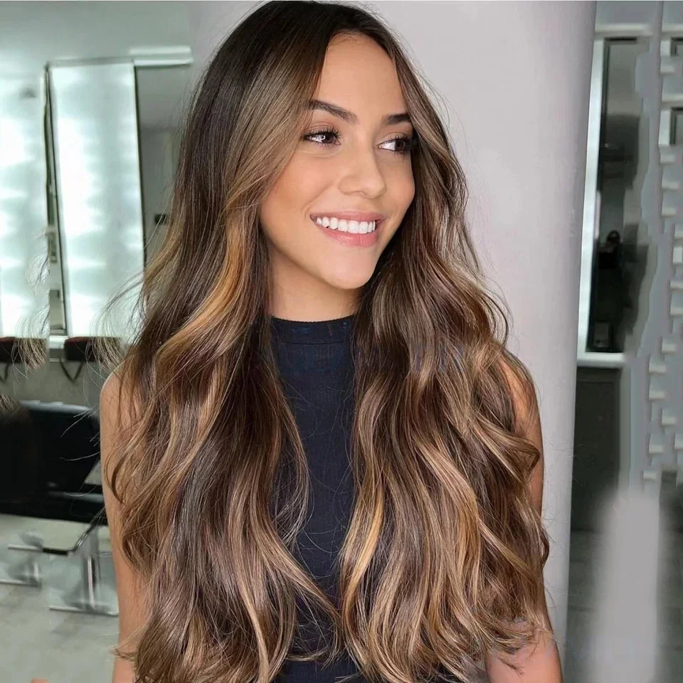 

Натуральные еврейские волосы Highlight Brown, без клея, мягкие, длинные, с эффектом волн, 5x5, на шелковой основе, с HD-кружевом, европейские волосы, с baby hair, предварительно выщипанные