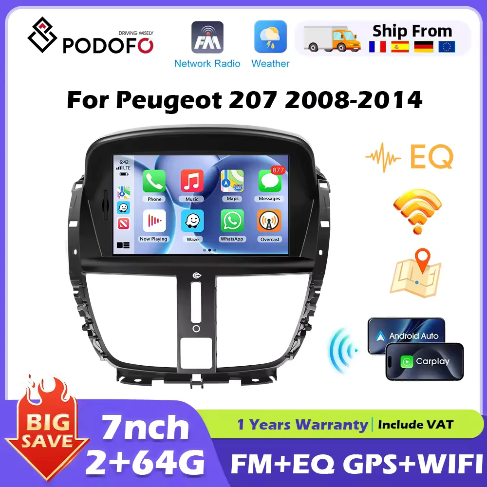 Podofo 7 ''Carplay Android 2din Carplay Radio de coche para Peugeot 207 2008-2014 Bluetooth navegación GPS FM RDS receptor de Radio