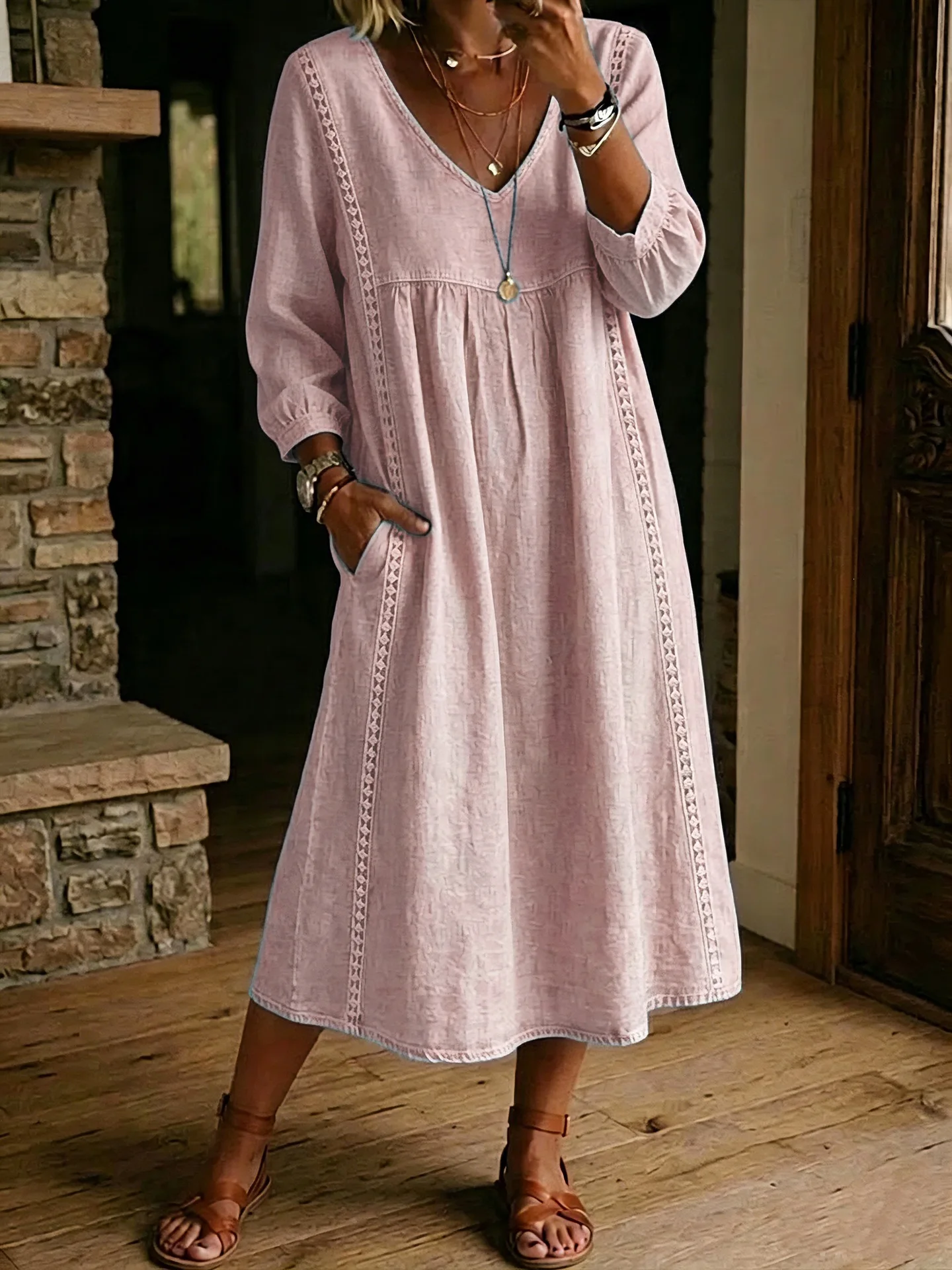 Vintage Solid Color Cotton Linen Dress Women Loose Flowy Midi Dress 3/4 Sleeve V Neck Pocket Casual Daily Vacation Resort Wear L view 3