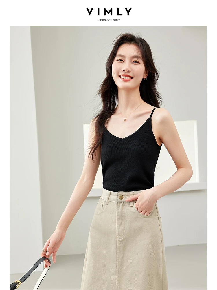 Vimly White V-neck Camis Women 2024 Spring Summer Wool Blend Knit Tops Simple Strecth Casual Basics Spaghetti Strap Top 72936