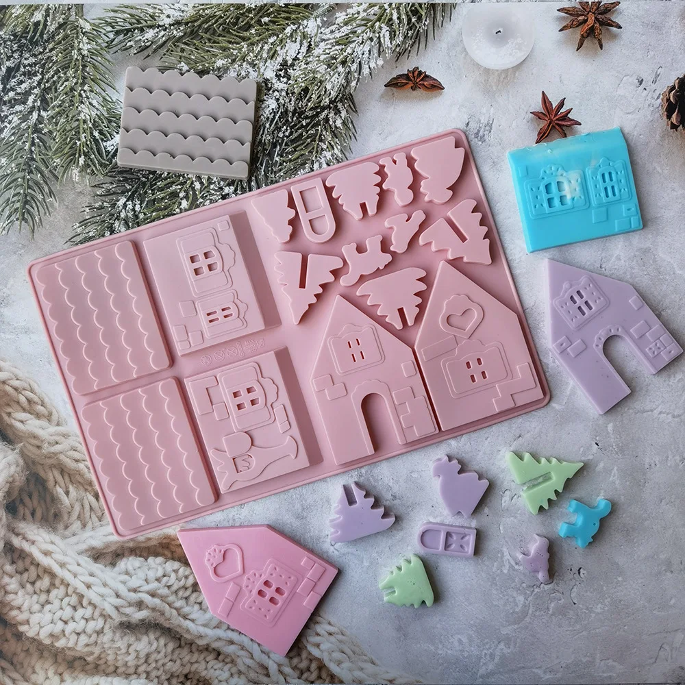 1pcs Christams Gingerbread House Silicone Mold Kit Navidad Chocolate Bakeware Handmade 3D Cookie Mold for DIY Biscuit Tool