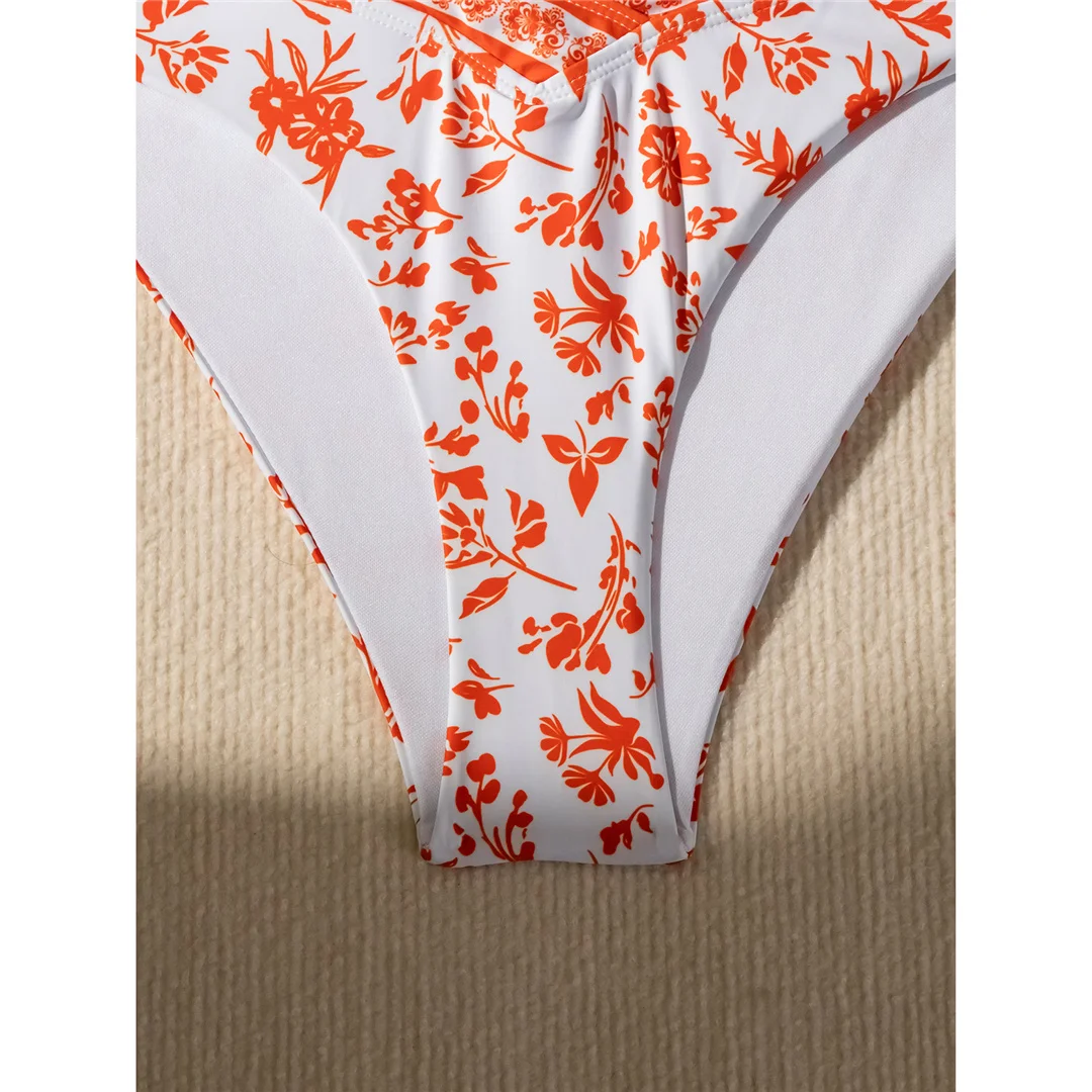 Blumenmuster, hoch geschnitten, mittelhoher Bund, Damen-Badeanzug, Bikini, zweiteiliges Bikini-Set, Badebekleidung, Badeanzug, Modell V5338. – Detail 16