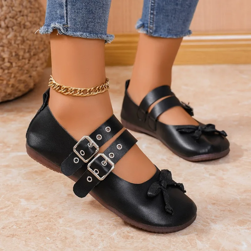 French Ballerina Ballet Flats Women's Soft Leather Bow Lace-up Shallow Metallic Belt Trim Stitching Cross Straps Belt Buckle