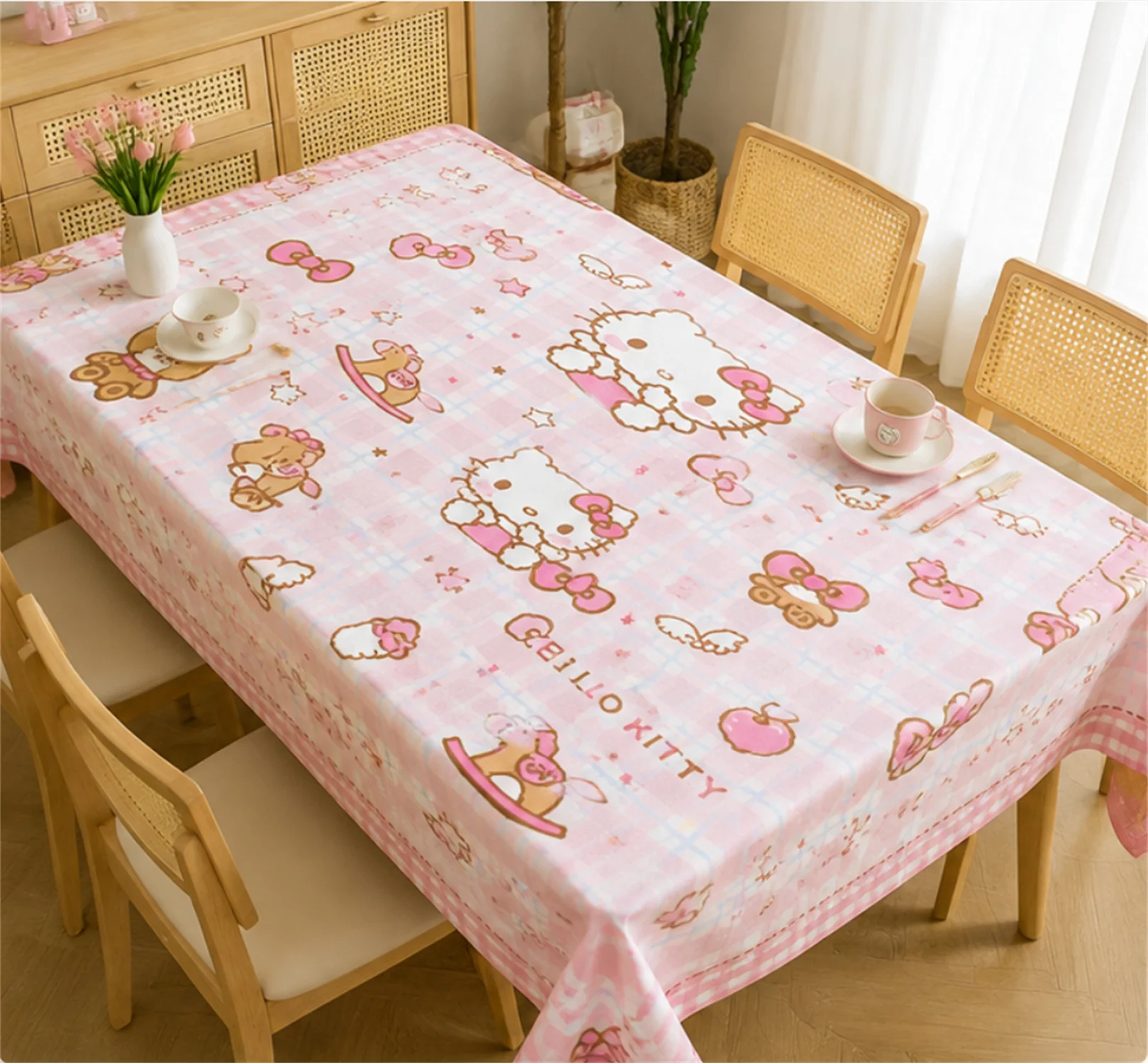 Hello Kitty Pink Plaid Tablecloth Cute Rocking‑horse Print Waterproof Table Cover Kawaii Decor For Girls Dorm Bedroom
