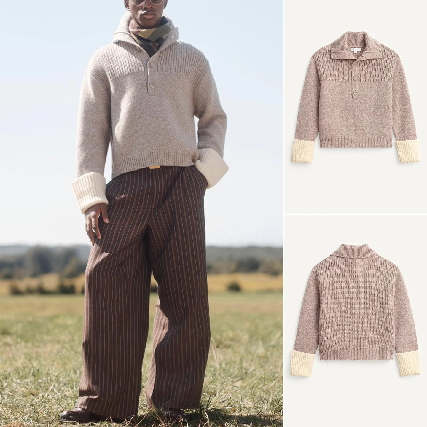 

Autumn Winter New Men's Loose Long Sve Knitted irt Straight Leg Pants Casual Sle Color Blo Cuff Stand Collar Sweatirt