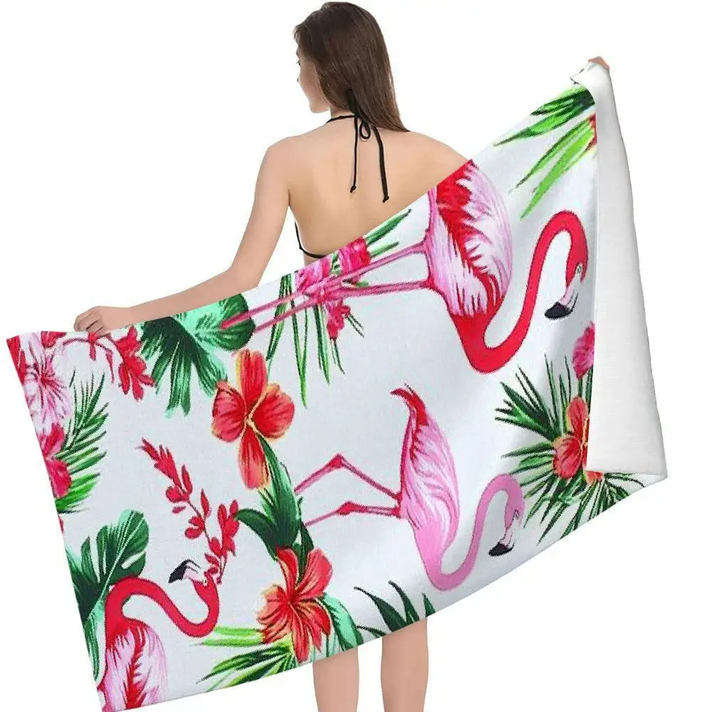 Pink Flamingo Beach Towel, Tropical Flamingo & Hibiscus Print Oversized Bath Towel, Soft Quick Dry Summer Beach Blanket 1pcs