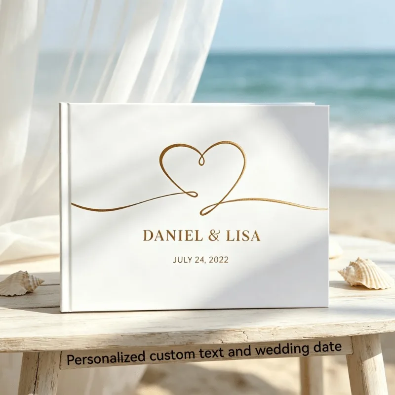 Custom Wedding Guestbook with Golden Thread Heart Cover - Elegant White Bride & Groom Signature Album