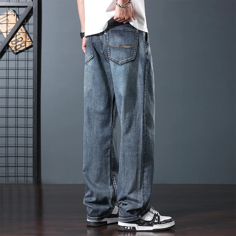 Spring and summer new styles Men's Straight Fit Loose Wide Leg Jeans Men's Retro Blue High Street Thin Jeans Large size 28-44