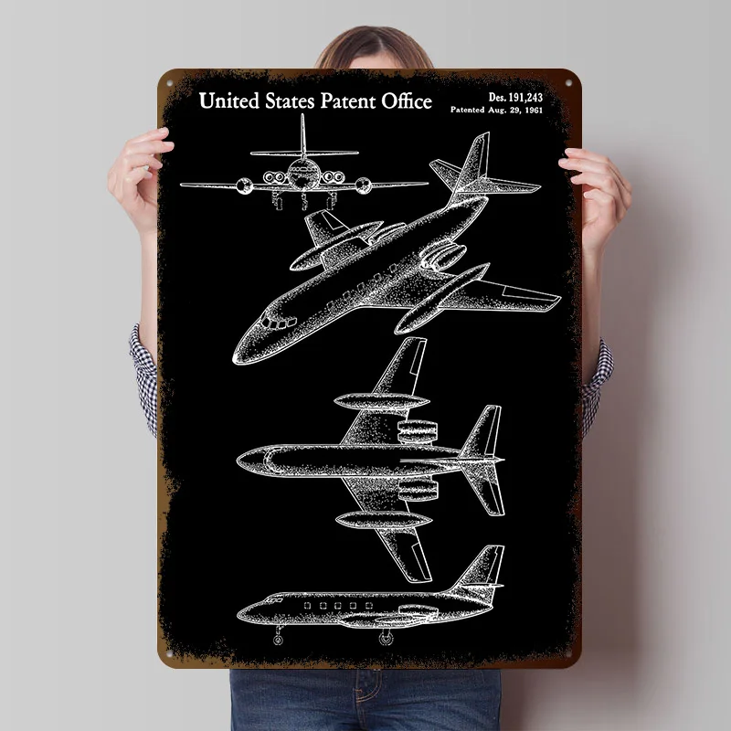 Flugzeug-Patentdesign Gedrucktes Poster Individualisierte Wandkunst Retro Vintage Metallschilder zur Heimdekoration Gaming Benutzerdefinierte Plakette