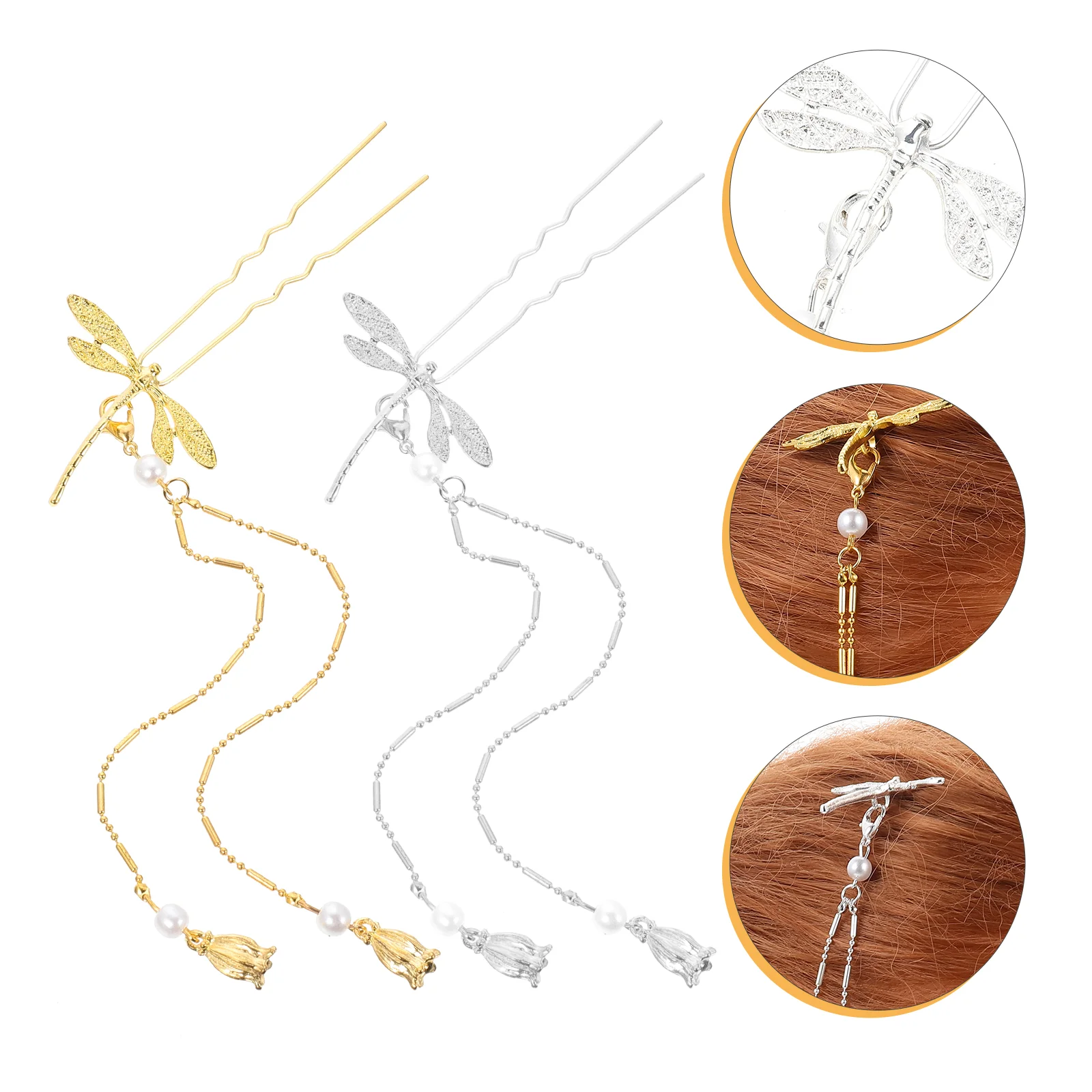 4 Pcs Tassel Hair Clip Dragonfly Fork Pin Vintage Clips Barrettes Stick Will Move