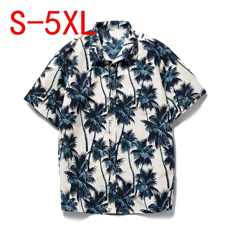 Summer Aloha Hawaiian Shirt Men Clothing Coconut Tree Printed White Short Sleeve Shirts Mens Beach Wear Blouses Tops Male