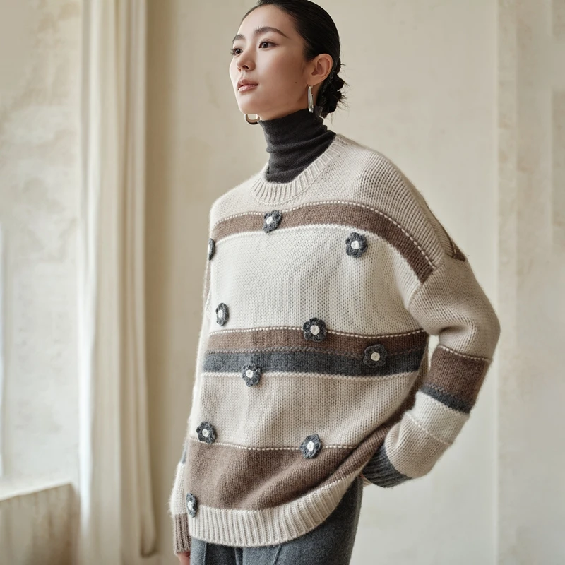 

Autumn Winter New Sle 00 Pure Camere Knitted Base irt Embroidered Patchwork Color Versatile Sweater Warmth Heating Lon...