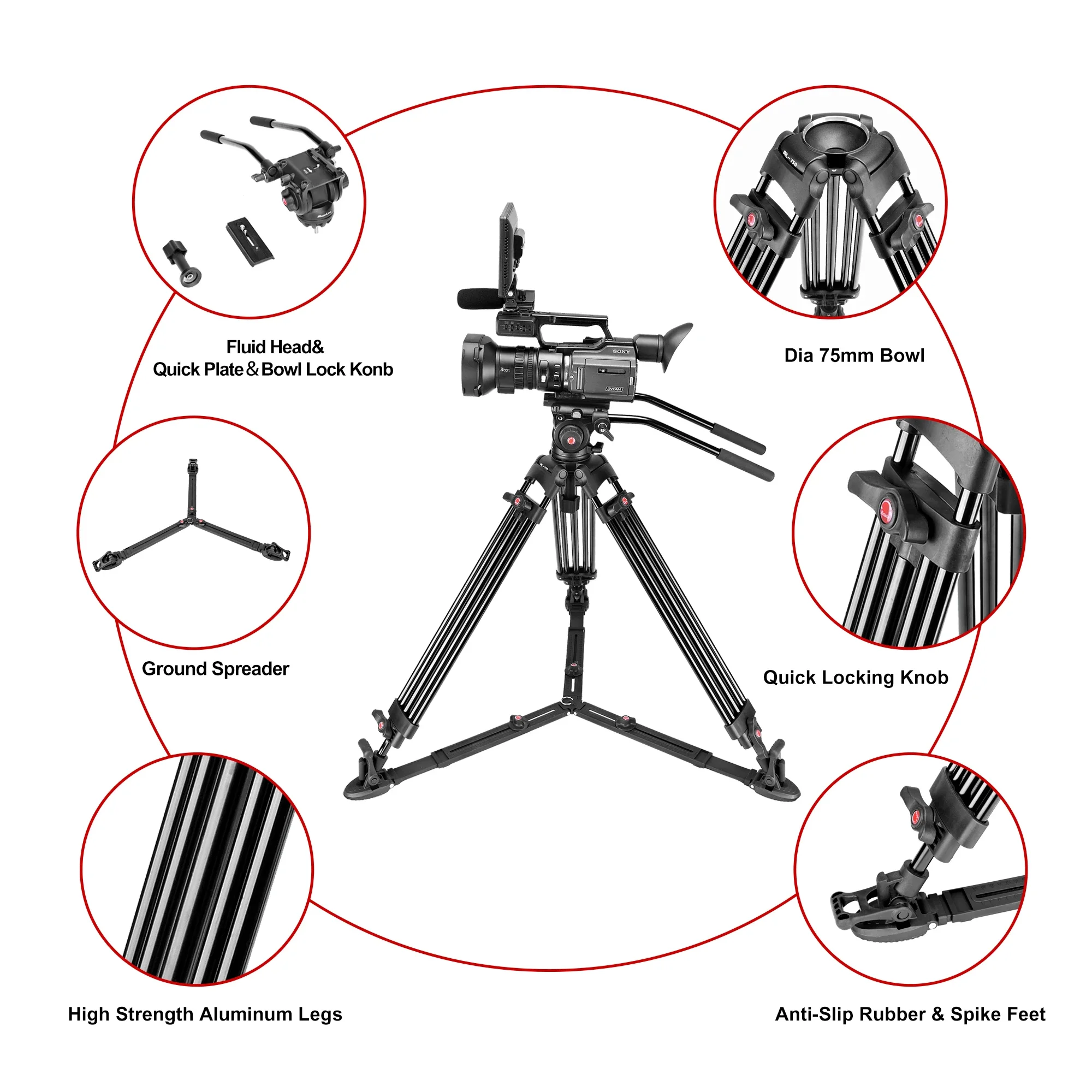 68.7 inch Heavy Duty Aluminum Video Camera Tripod with 2 Pan Bar Handles Fluid Head Ground Spreader for  DSLR Camcorder Cameras