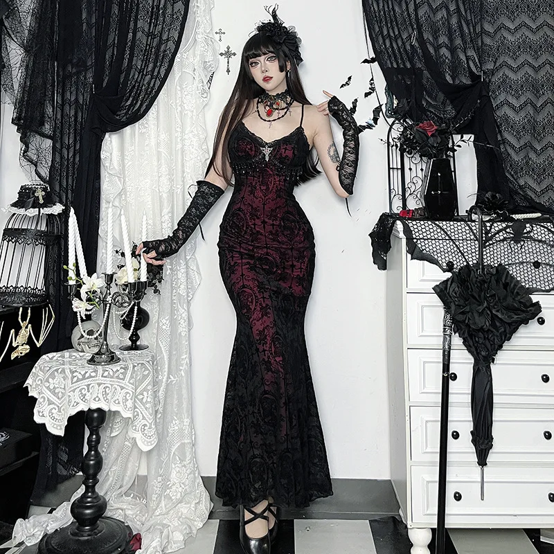Dunkler Gothic-Stil, Y2k-beflocktes Leibchenkleid, 2023, Sommer, neue sexy Abendparty-Outfits, heißes Mädchen, schlanke Mode, lange Kleider für Damen