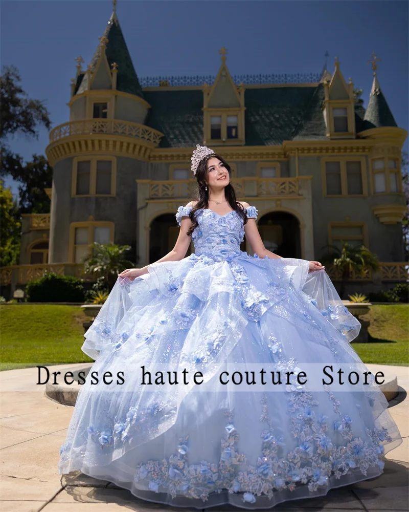 Sky Blue 3D Flower Ball Gown Quinceanera Dresses 2025 Appliques Beaded Ruffles Sweet 16 Dress Vestidos De 15 Años Customized