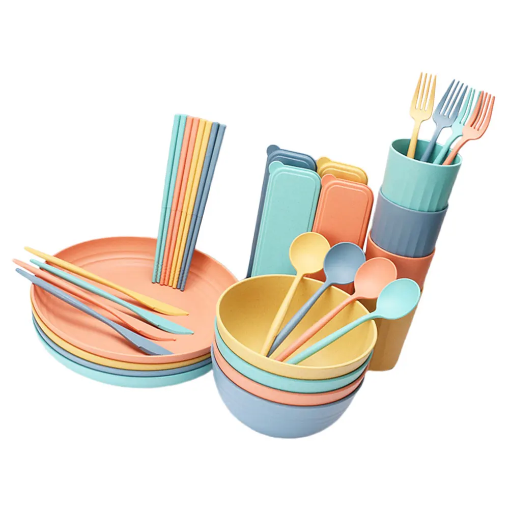 

32 Pieces Portable Tableware Set Bowls Plates Cups Forks Knives Spoons Chopsticks Travel Kitchen Accessories