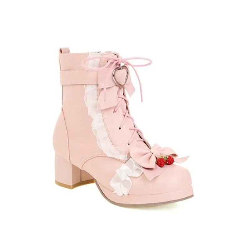 Autumn Winter Women Boots Women Comfort Square Heel Platform Ankle Boots Sweet Bow Ruffles Girls Princess Cosplay Lolita Shoes