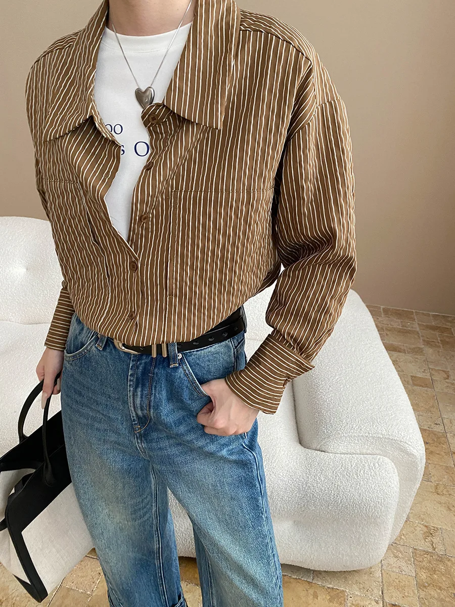 

French lazy retro contrasting striped lapel loose long sleeved shirt