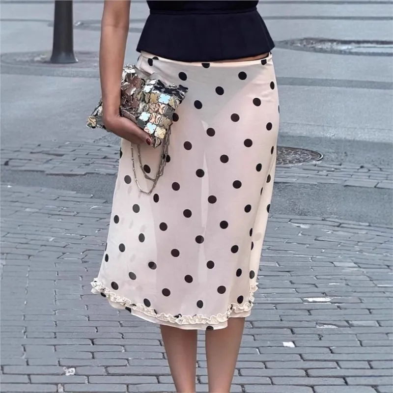 Vintage Polka Dot High Waist Skirt For Women Satin Lace Splice Perspective Skirt Office Lady Elegant A-line Skirts 2025 Summer