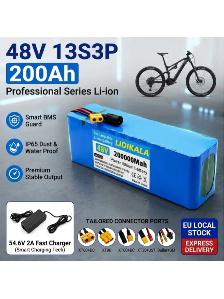 48V 200Ah 200000mAh Lithium-Batterie 13S3P 2000W Spitzenleistung Li-Ionen-Akkupack mit intelligentem BMS für E-Bike und Scooter