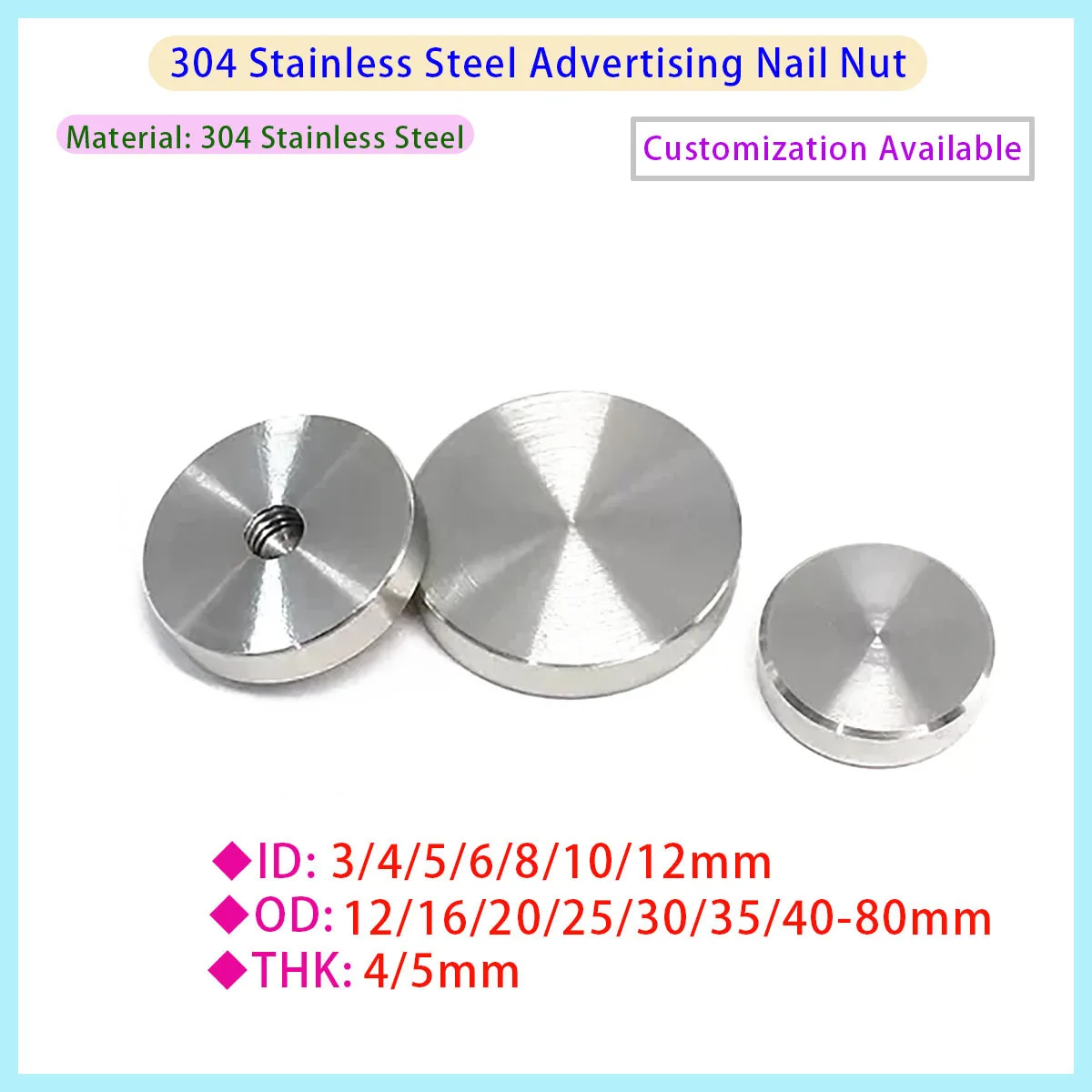 M3~M12 304 Stainless Steel Blind Hole Advertising Nail Nut OD10~80mm Thin Flat Decorative Glass Fixed Round Nut