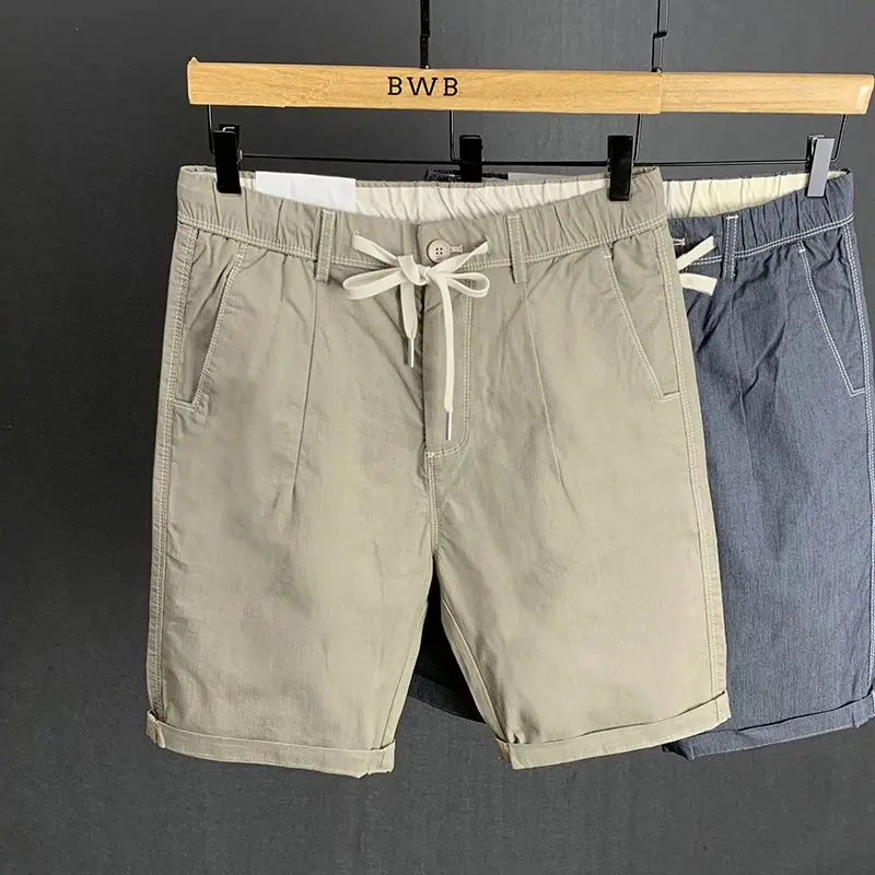 2024 Summer New Casual Vintage Men Thin Trend All-match Loose Solid Color Pocket Large Size Elastic Waist Pure Cotton Shorts