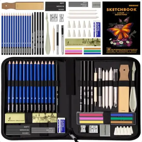 Ensemble de crayons de croquis, Kit de 57 pièces, papiers de croquis avec carnet de croquis 3 couleurs, crayon et bâtons au charbon de bois et bâtons Pro Art plie