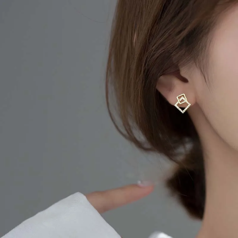 Korean Geometric Double Layers Rhombus Earrings for Women Gold Color Crystal Temperament Earring 2024 Fashion Jewelry Gift