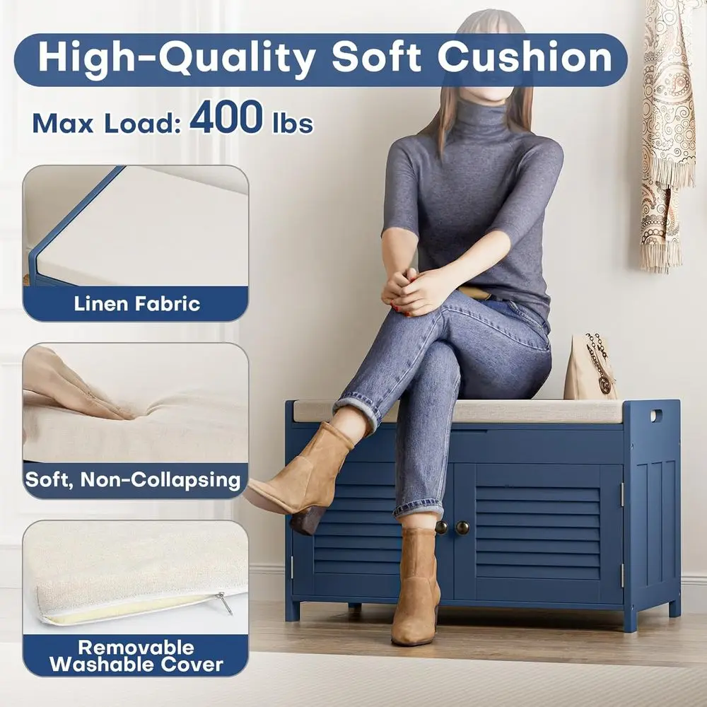 ชั้นวางรองเท้า 2 ชั้นสีน้ำเงิน พร้อมที่นั่งบุนวมและช่องเก็บของแบบยกได้ สำหรับทางเข้า ห้องนอน ห้องโถง และห้องเก็บของ