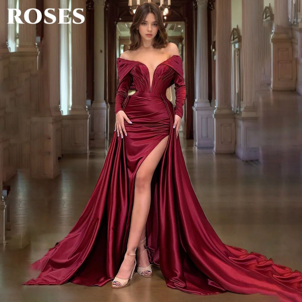 

ROSES Burgundy Sexy Prom Dress Deep V-Neck Off the Shoulder Prom Gown Satin Side High Split Mermaid Evening Dresses Customized