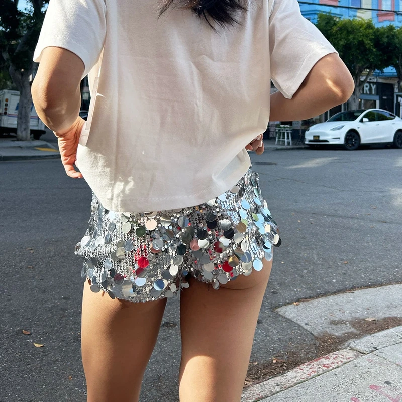 Maemukilabe-pantalones cortos Rave para Festival de Música, pantalones cortos elásticos de cintura baja con lentejuelas brillantes para vacaciones, ropa de calle, trajes de coqueta