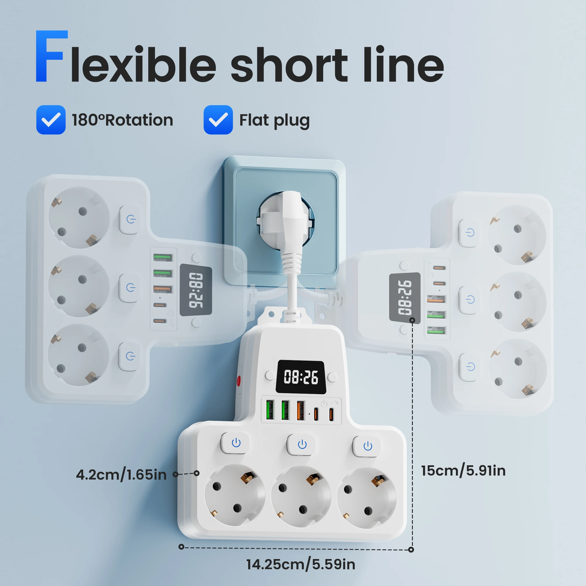 Toma de corriente con interruptor independiente 9 en 1, enchufe estándar de la UE, toma de pared 3 USB 2 tipo C con reloj