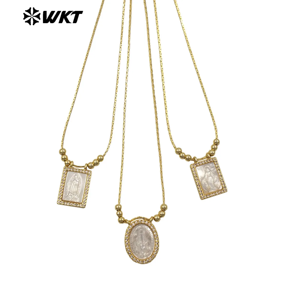 

WT-JN389 Trending Religious Style 18K Gold Plated Oval And Square White Shell Pendant Necklace For Women Daily Wearing
