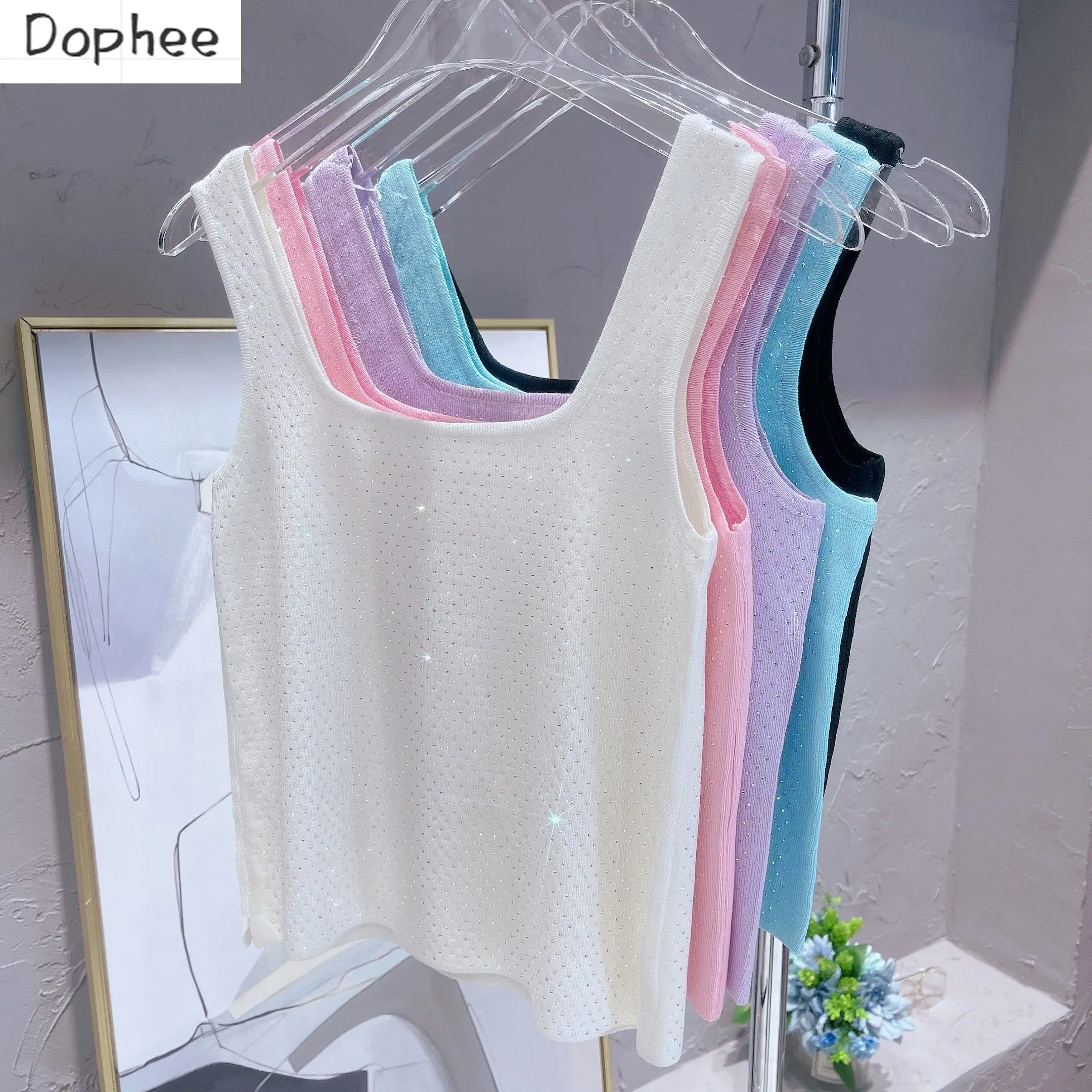 Trendy Babysbreath Hot Drilling Women Knitting Camisole New Summer Slim Ice Silk Basic Top Shiny Diamonds Sleeveless Tank Top