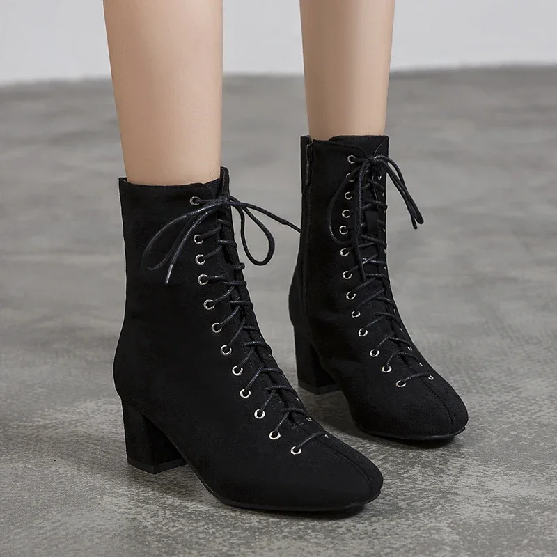 Black Ankle Boots for Women Chunky Boots High Heel Autumn Winter Pointed Toe Booties Woman Fashion Zipper Gray Black Boots 2024